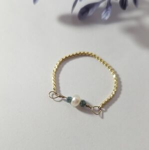 Handmade Geuine Pearl & Teal Crystal Gold Plated Chain Ring Made to Size